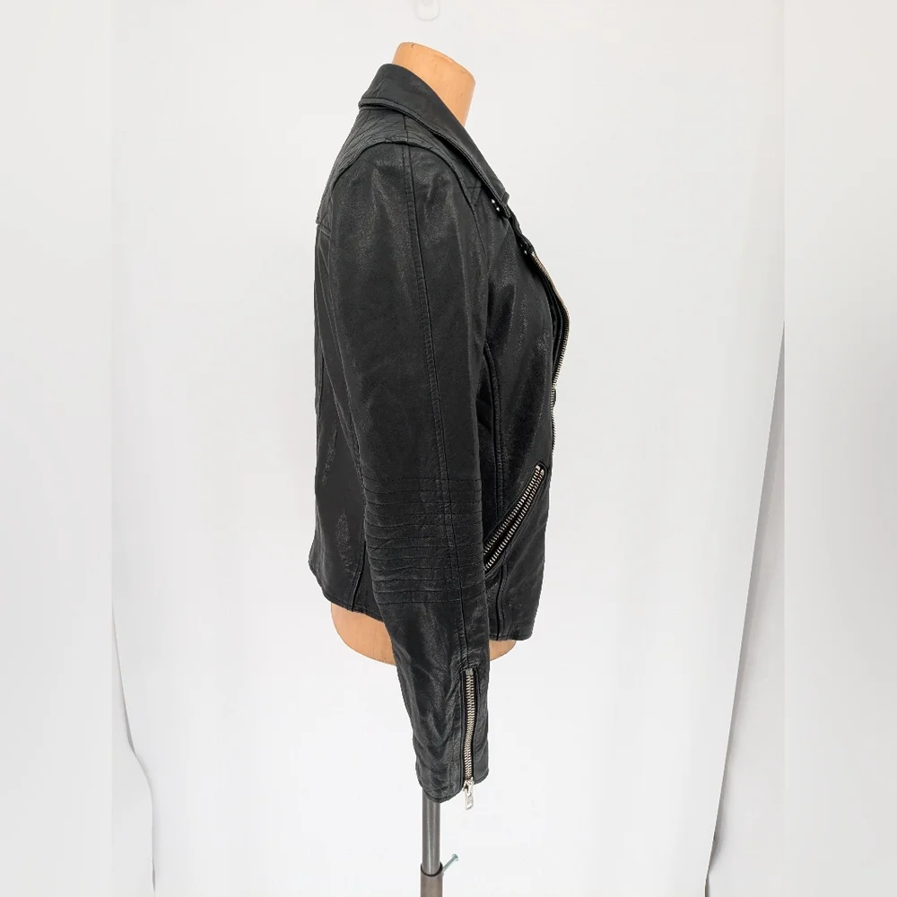 Black Genuine Lambskin Leather Moto Jacket Womens XS Double Zip Slim Biker Chic - Picture 6 of 15